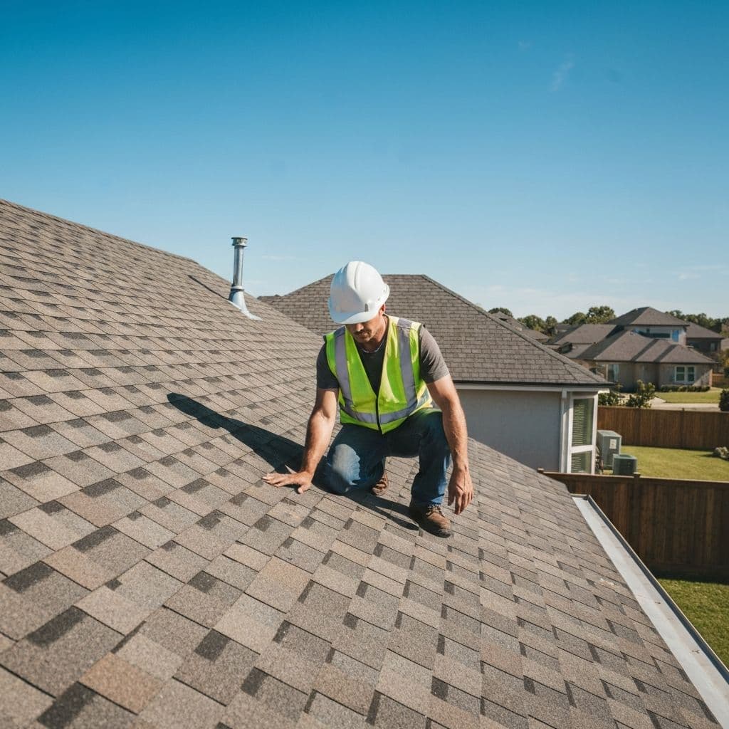Professional roofer inspecting a residential roof