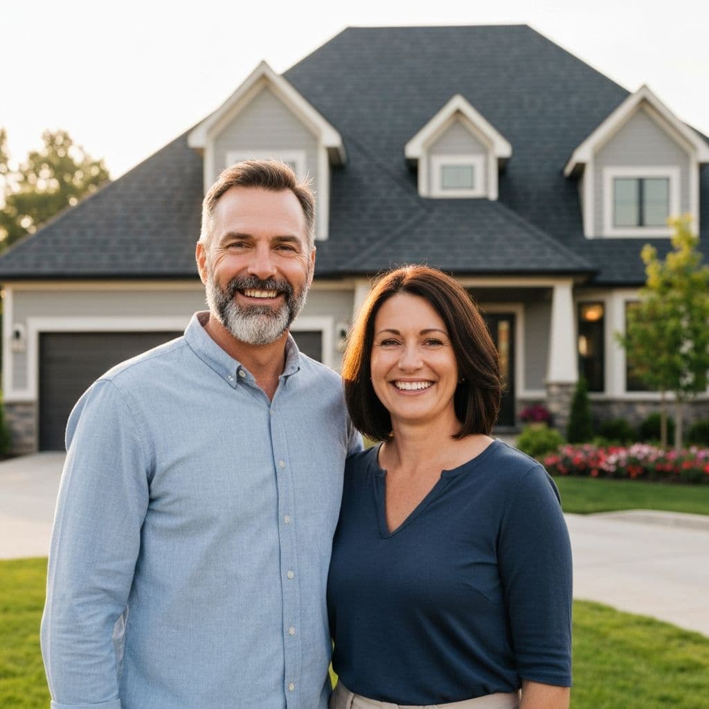 Happy homeowners in front of their newly roofed home