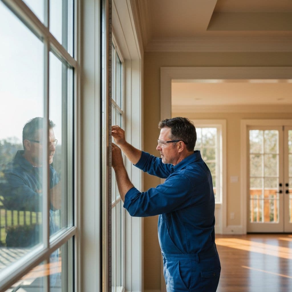 Professional window installer measuring and inspecting